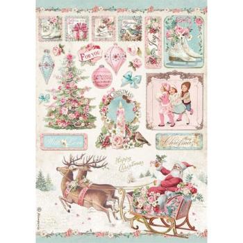 Stamperia, Rice Paper A4 Pink Christmas Sleigh