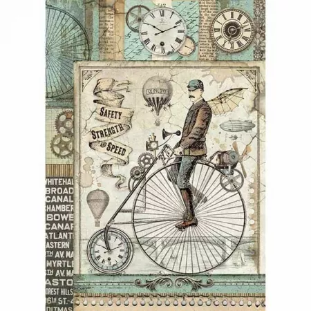 Stamperia Rice Paper A4 Voyages Fantastiques Retro Bicycle
