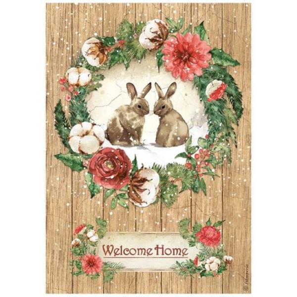 Stamperia, A4 Rice Paper Romantic Home for the Holidays Welcome Home Bunnies