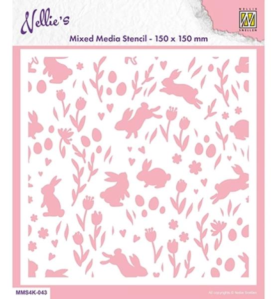 Nellie`s Choice, Mixed Media Stencils Background Rabbit and Tulips