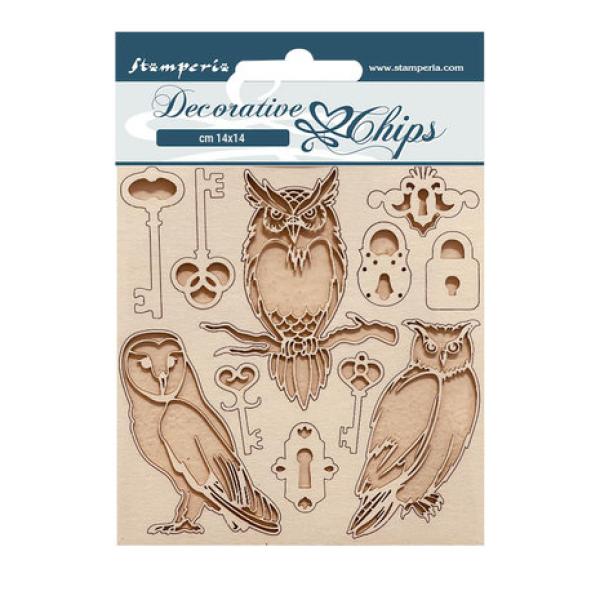 Stamperia, Vintage Library Decorative Chips Keys and Owls