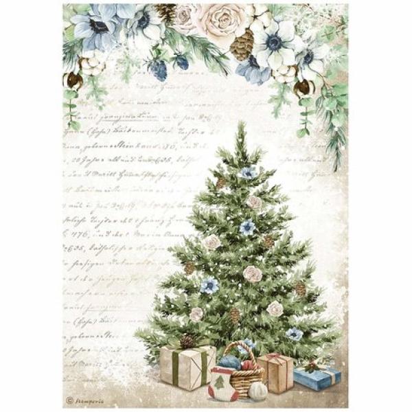 Stamperia, A4 Rice Paper Romantic Cozy Winter Blue Tree